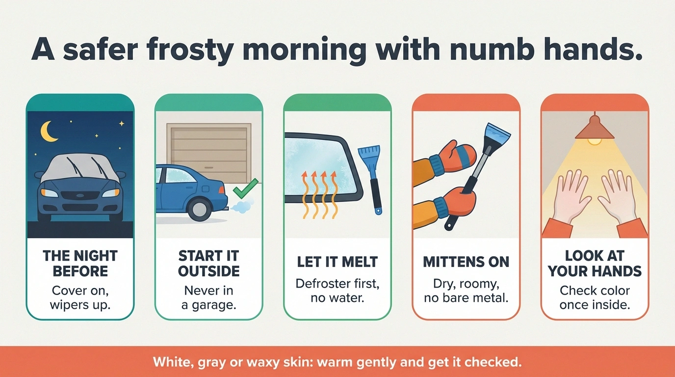 Infographic of five steps for a safer frosty morning with numb hands