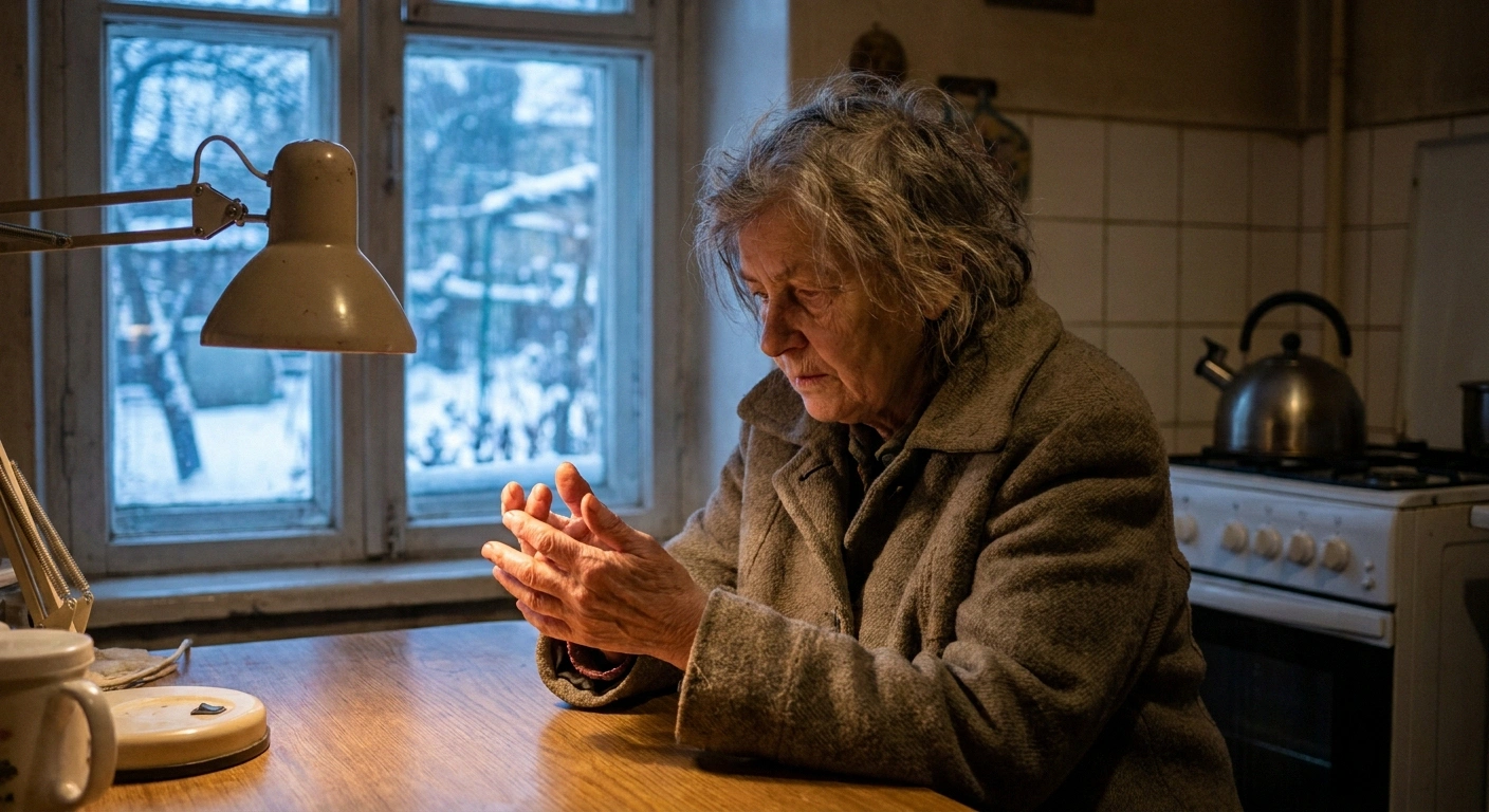 Older woman examining her fingertips under a kitchen lamp after coming inside