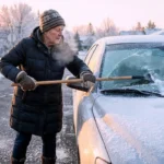 Older woman in mittens scraping frost off a car windshield at sunrise