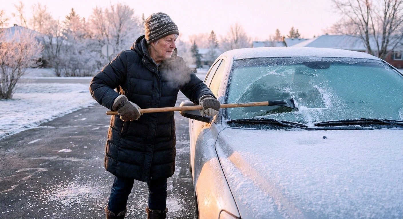Older woman in mittens scraping frost off a car windshield at sunrise