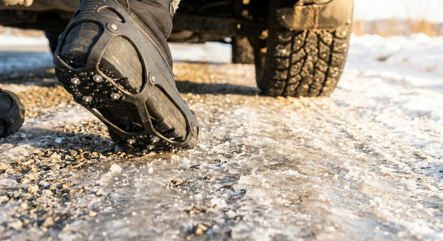 Winter boots with ice traction cleats stepping on an icy driveway