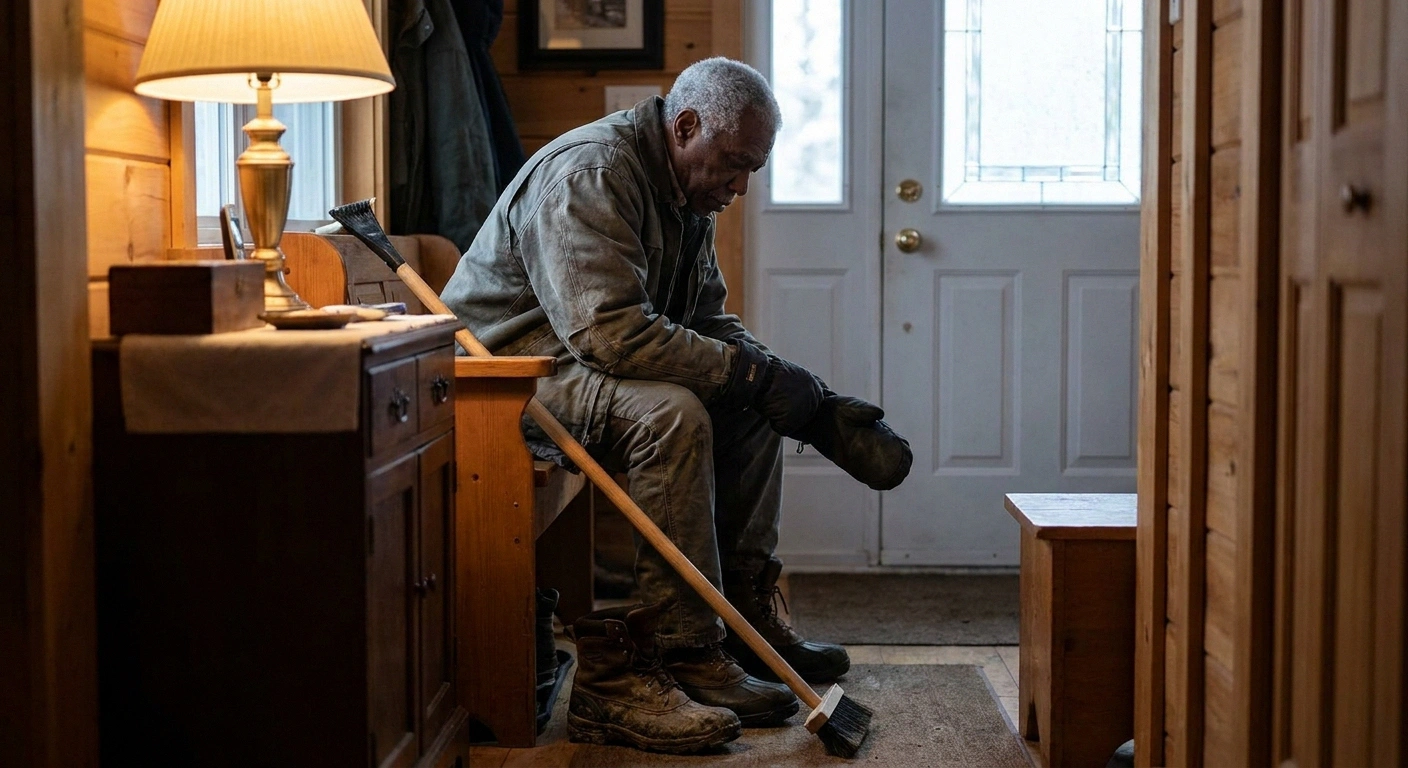 Older man pulling on insulated gloves by the front door before scraping ice
