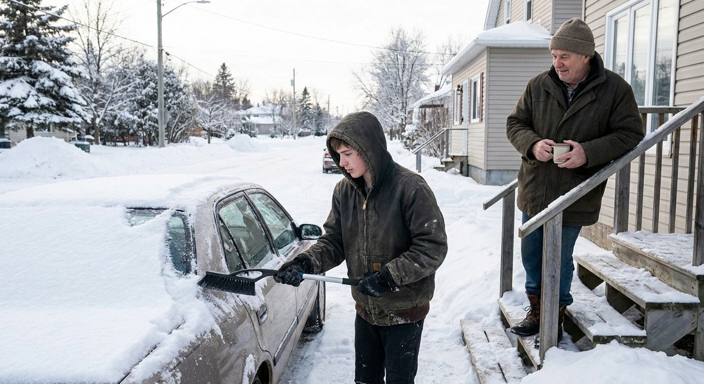 Teenage neighbor brushing snow off a car while an older man watches
