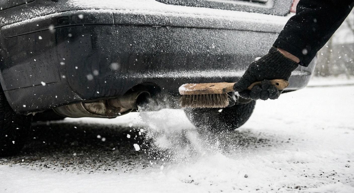 Gloved hand brushing snow away from the exhaust pipe of a parked car