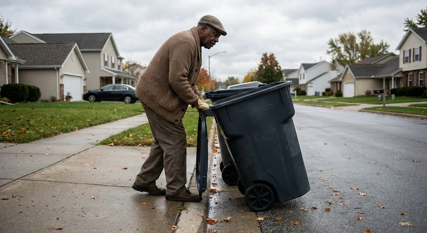 Older man lining up a gray trash cart at the edge of the curb