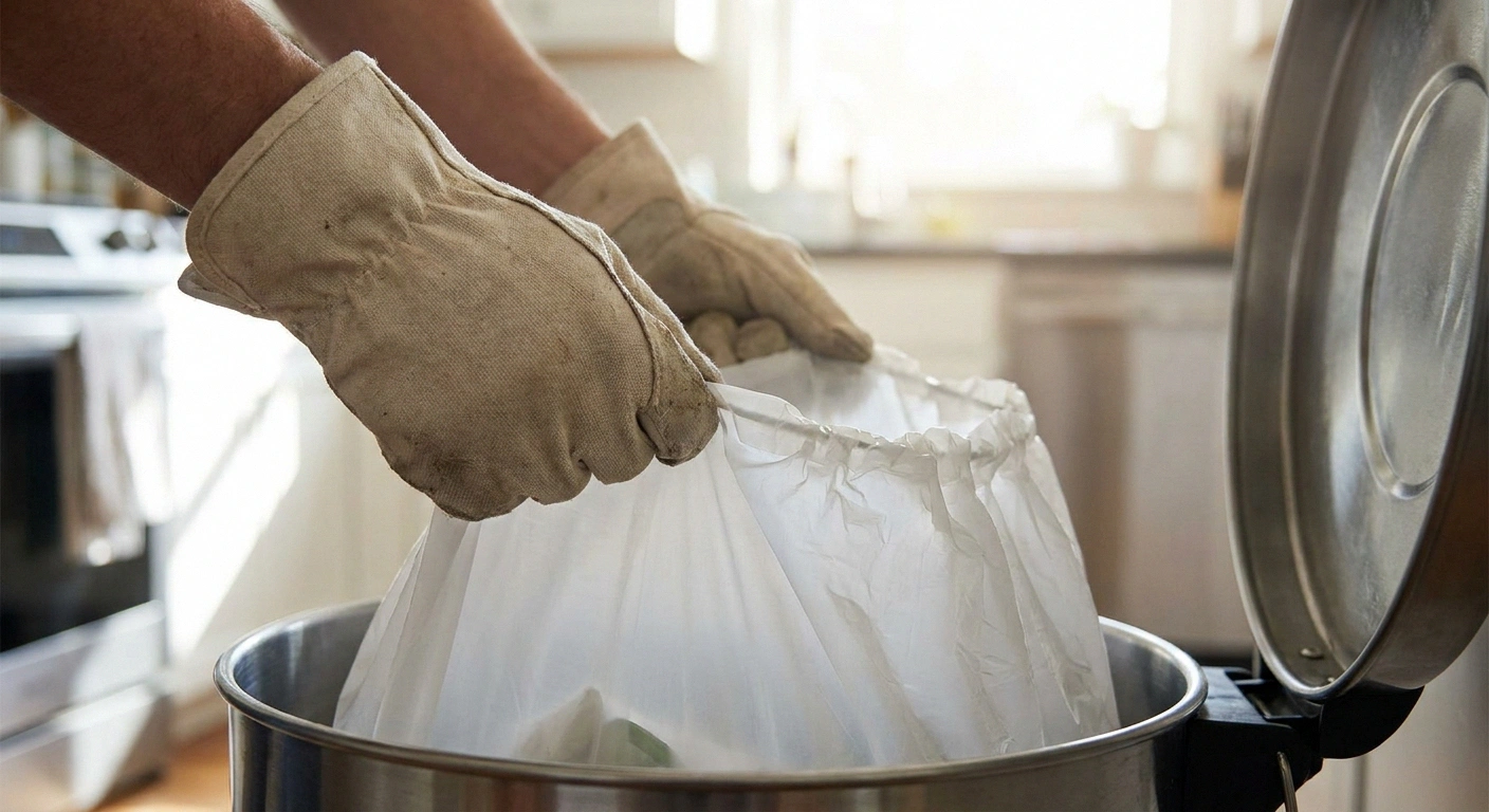 Gloved hands tying a white kitchen trash bag inside a can
