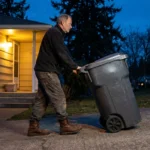 Older man rolling a gray trash cart down his driveway at dusk