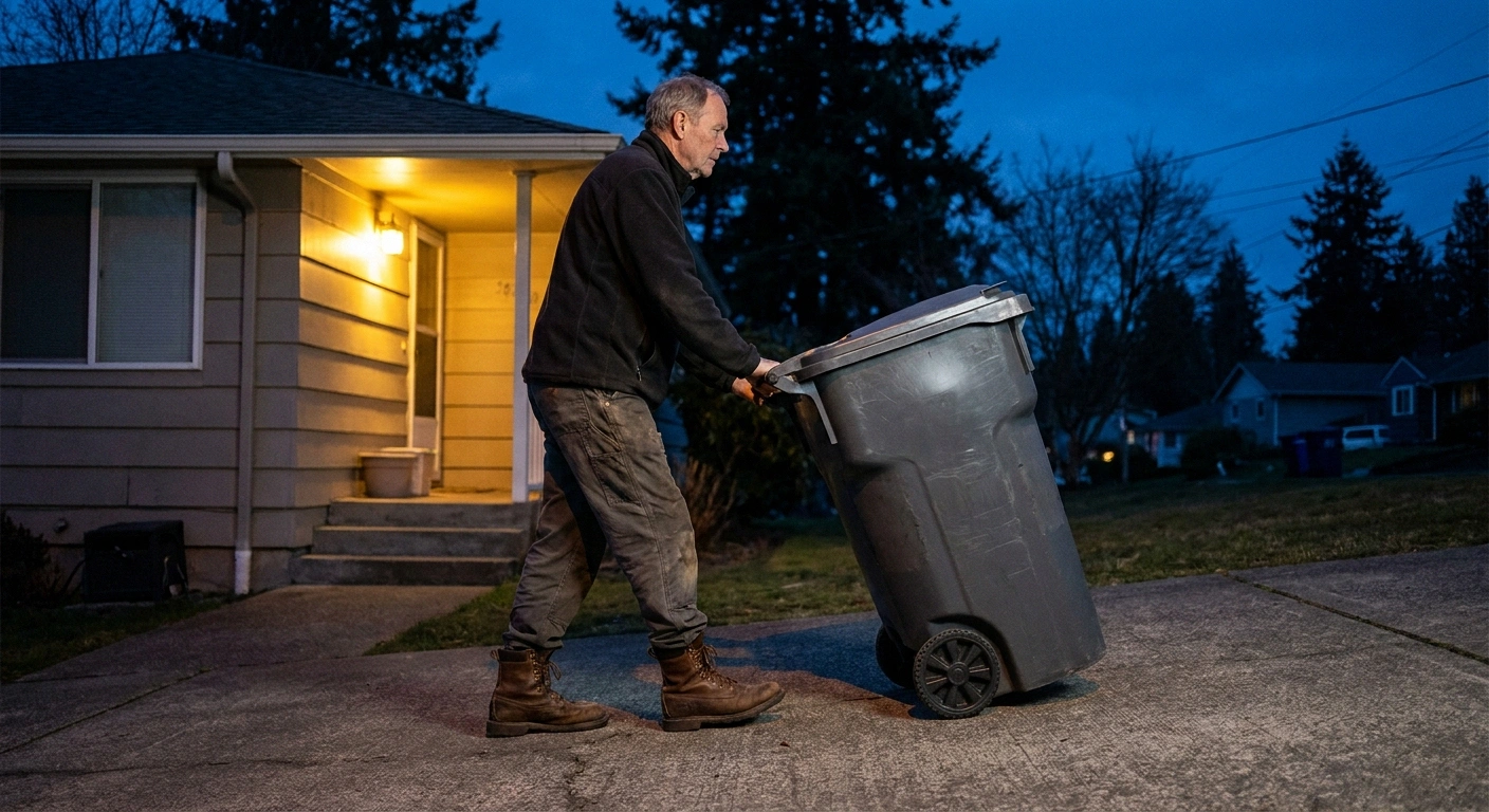 Older man rolling a gray trash cart down his driveway at dusk