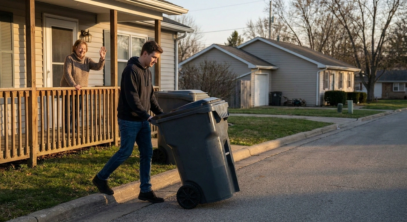 Young neighbor wheeling a trash cart to the curb as an older woman waves