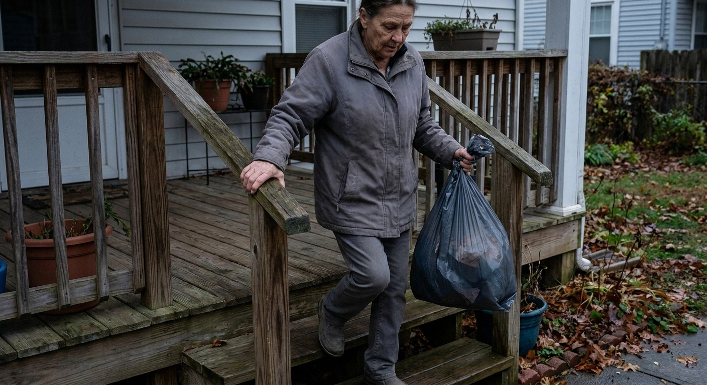 Woman holding a stair railing while carrying a small trash bag down steps