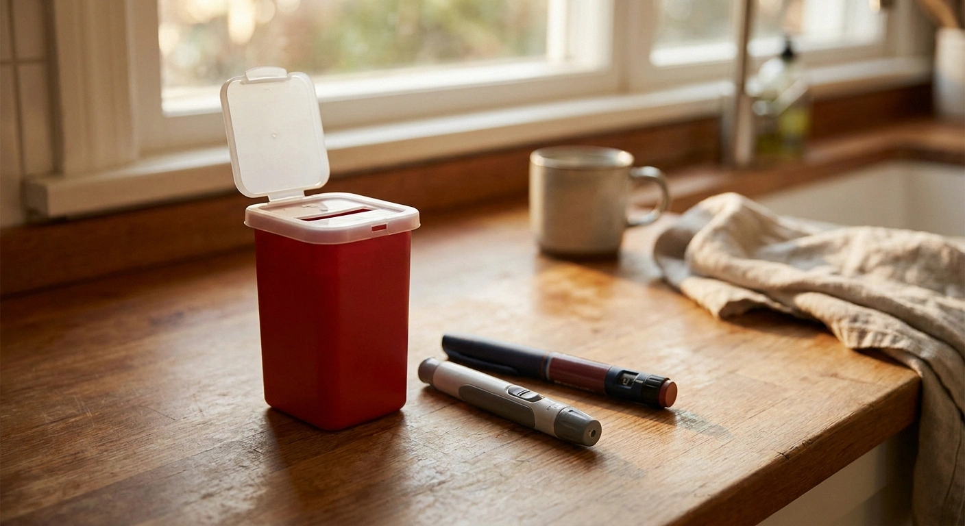 Red sharps disposal container beside an insulin pen on a kitchen counter