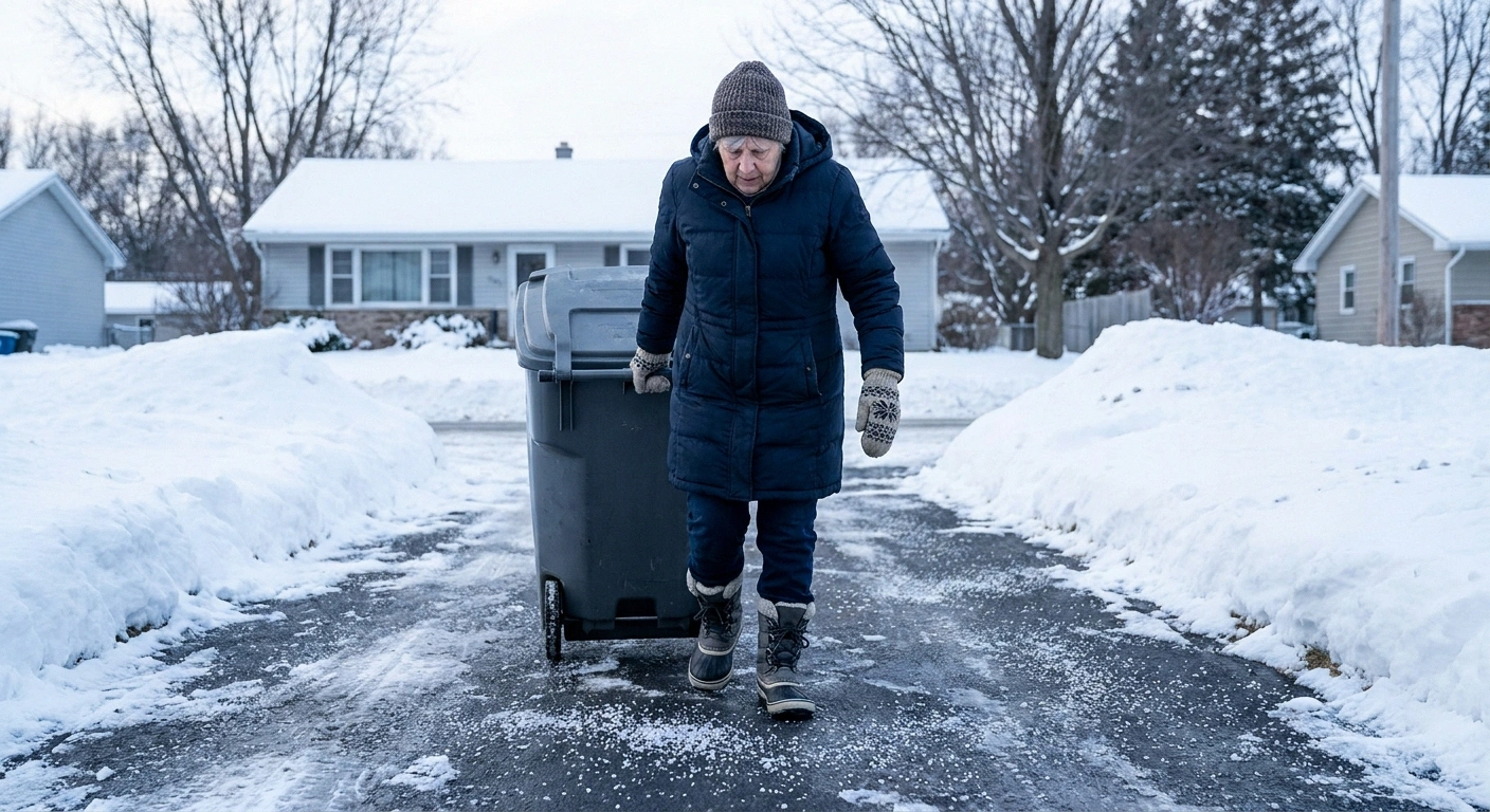 Woman in winter boots walking beside her trash cart on a salted driveway
