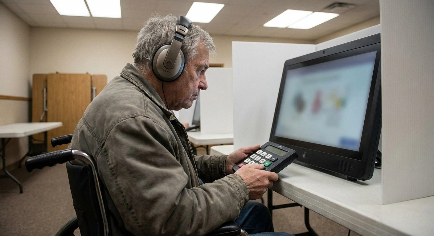 Older man in a wheelchair using an accessible voting machine with headphones