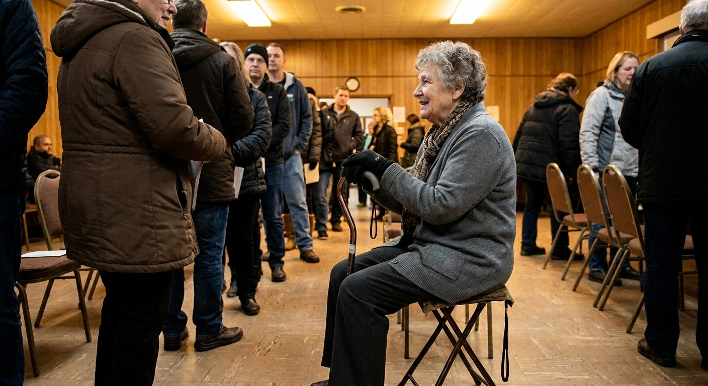 Older woman resting on a folding stool while waiting in line to vote