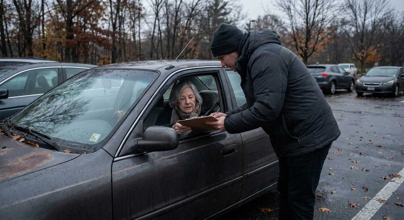Poll worker bringing a clipboard to an older woman voting from her car