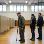 Older man with a cane in line at a gym polling place