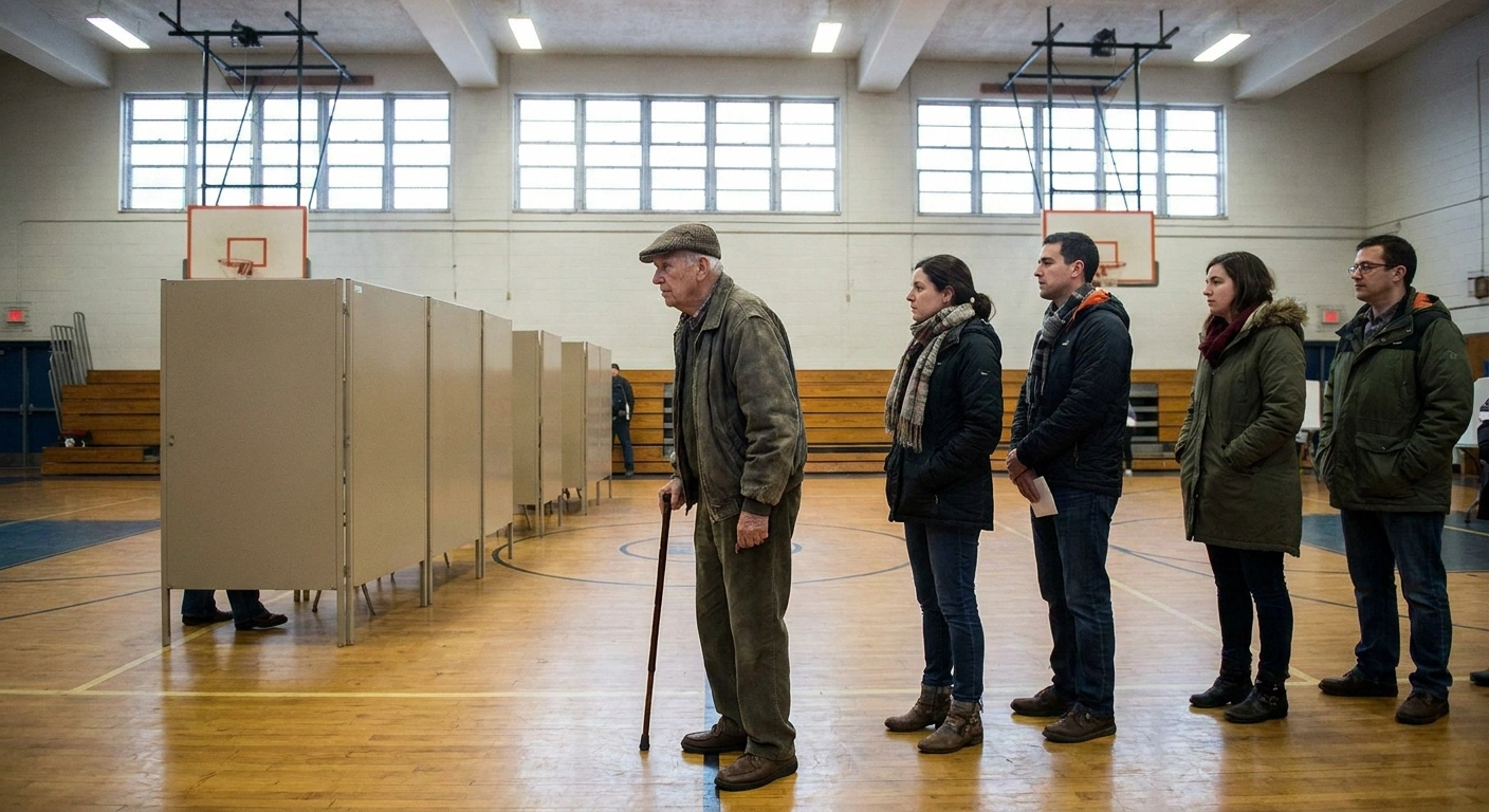 Older man with a cane in line at a gym polling place
