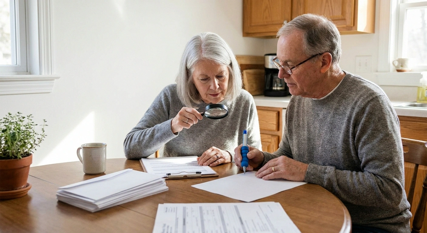 Older couple filling out mail ballots at the kitchen table