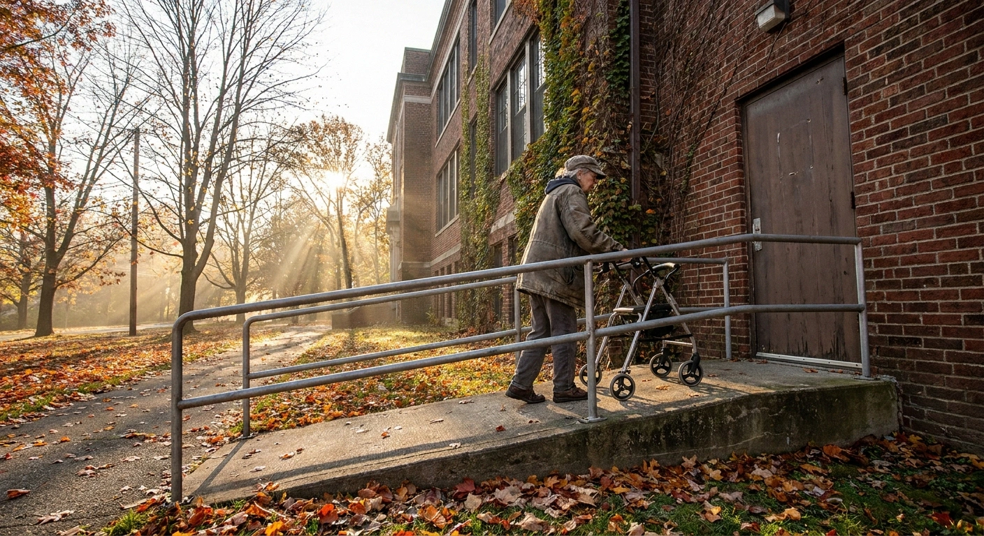 Older woman with a rollator walking up a ramp to a school entrance