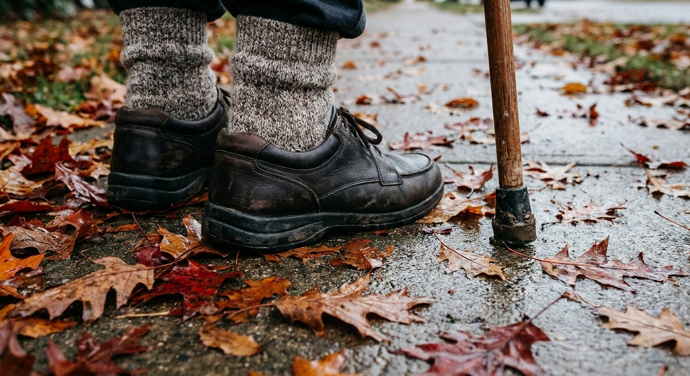 Supportive walking shoes and a cane tip on a wet, leafy sidewalk