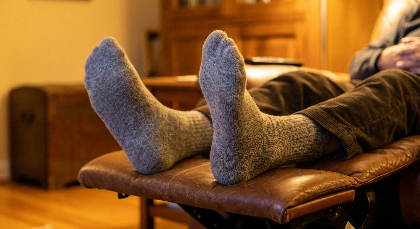 Socked feet resting on a recliner footrest during a break in the show