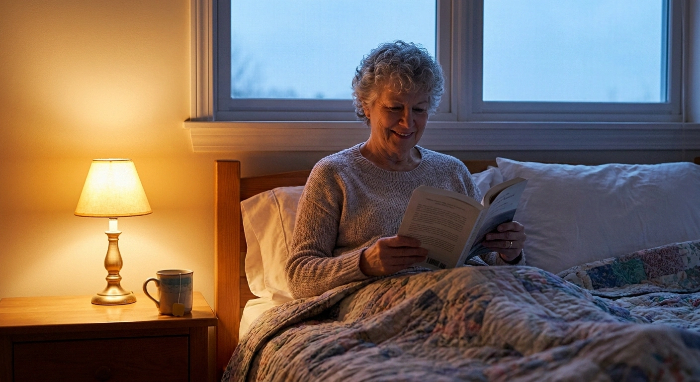 Woman reading a paperback in bed by lamplight with tea on the nightstand
