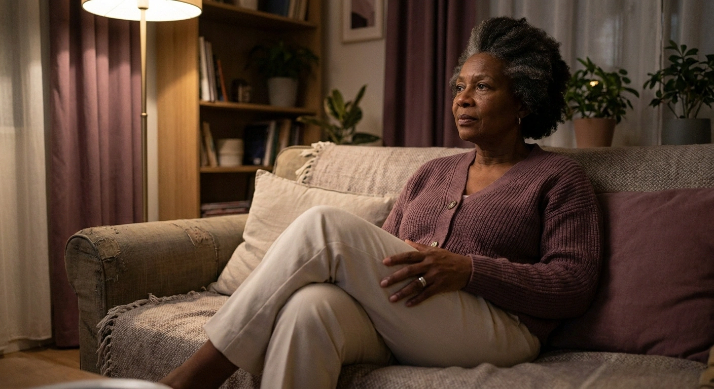 Woman on a sofa sitting with one knee crossed over the other