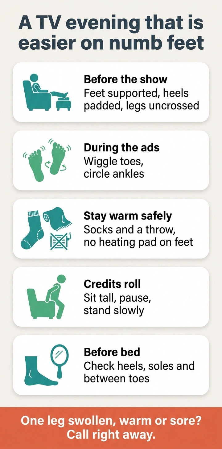 Infographic of five steps for a TV evening that protects numb feet