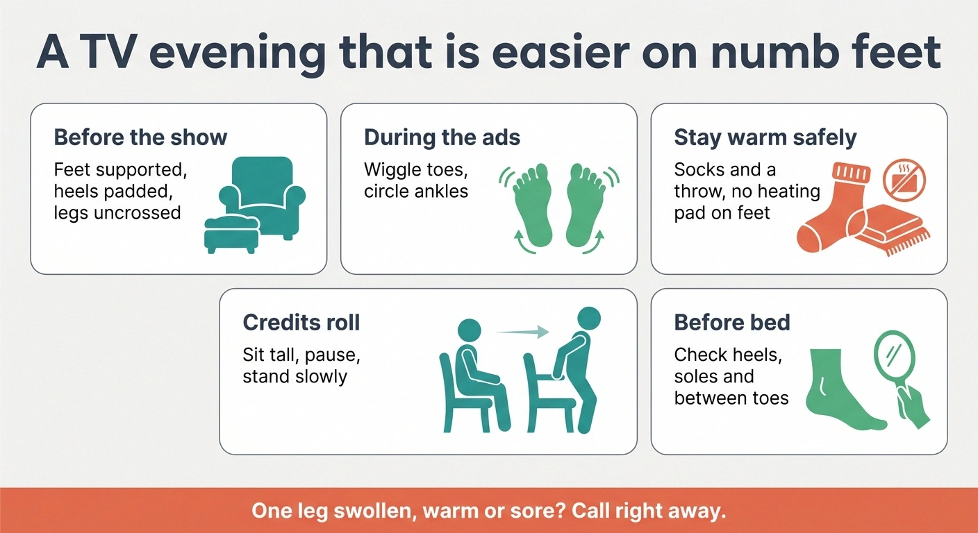 Infographic of five steps for a TV evening that protects numb feet