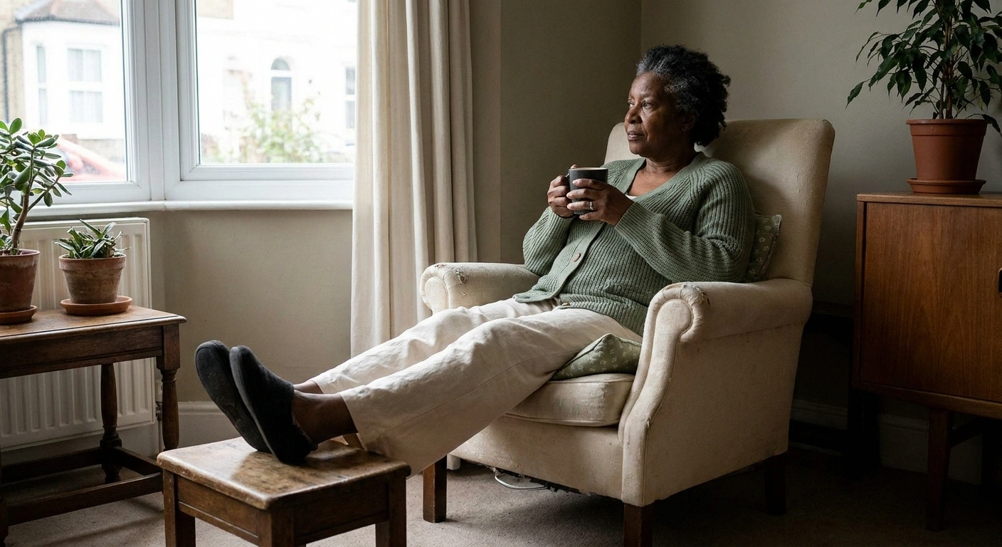 Woman in an armchair with both feet resting on a low footstool
