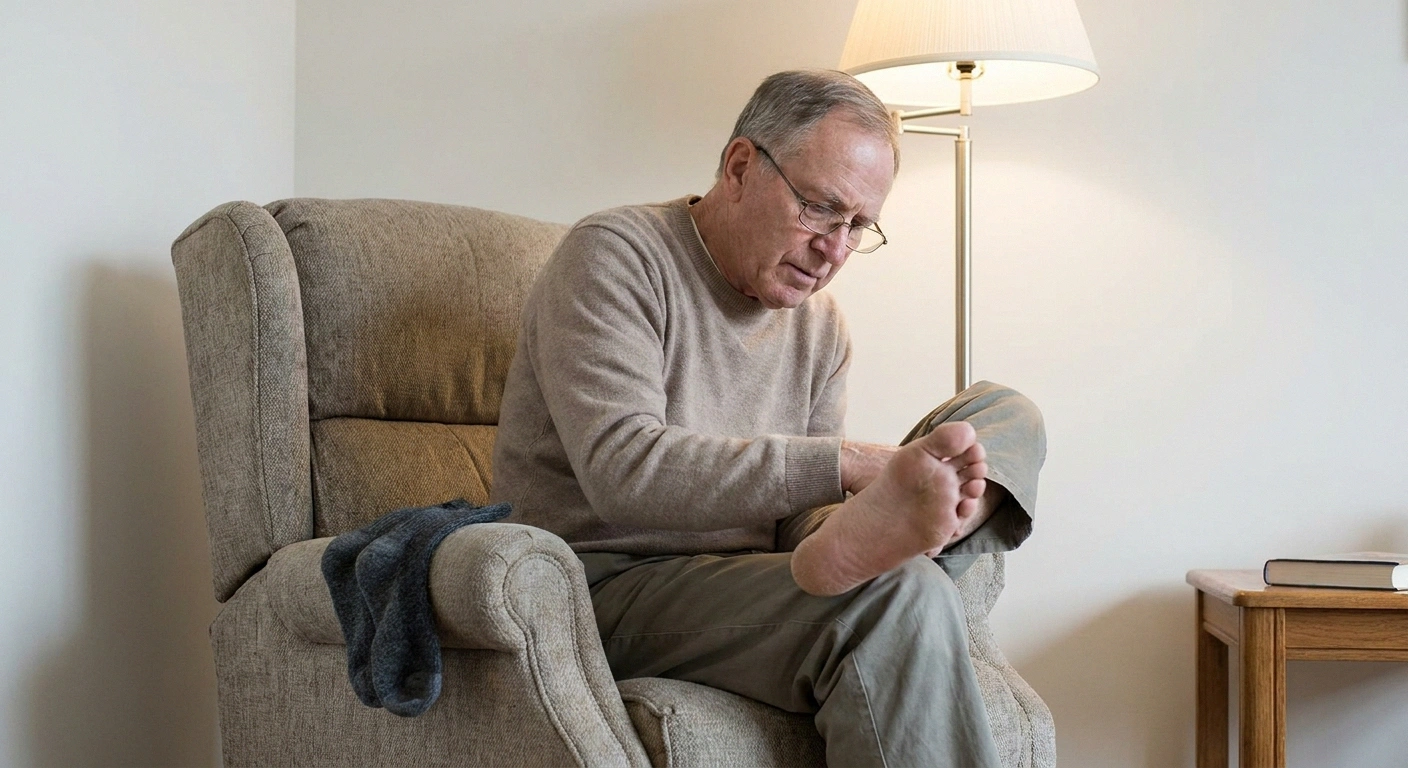 Man in reading glasses lifting his bare foot to look at his heel
