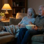 Couple watching TV on a sofa, her socked feet on a padded footstool