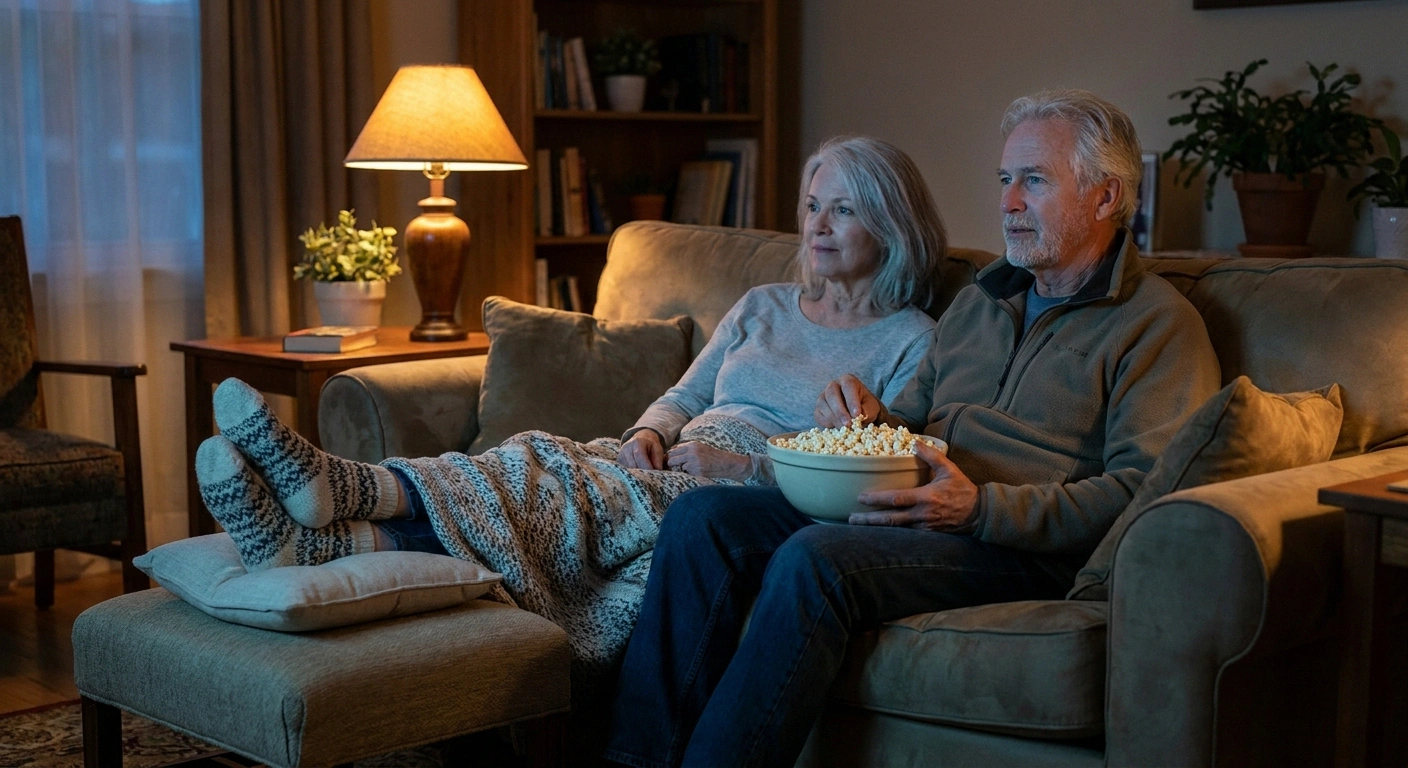 Couple watching TV on a sofa, her socked feet on a padded footstool