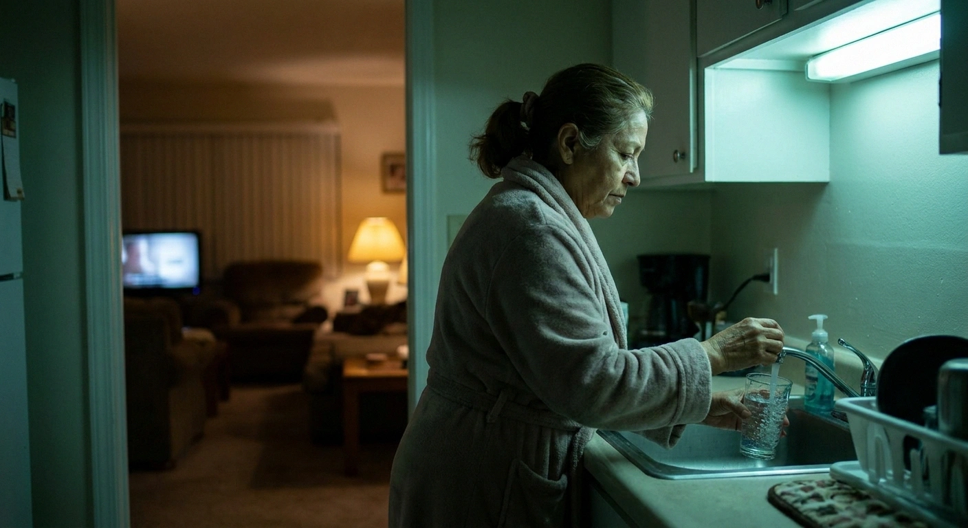 Woman in a robe refilling a water glass at the kitchen sink at night