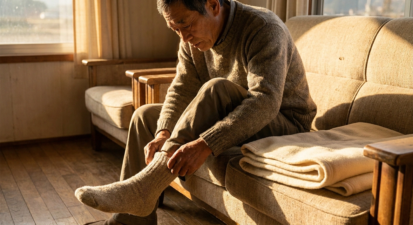 Man pulling a thick wool sock onto his foot beside a fleece blanket