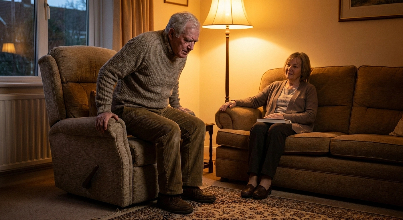 Older man rising slowly from a recliner with both hands on the armrests